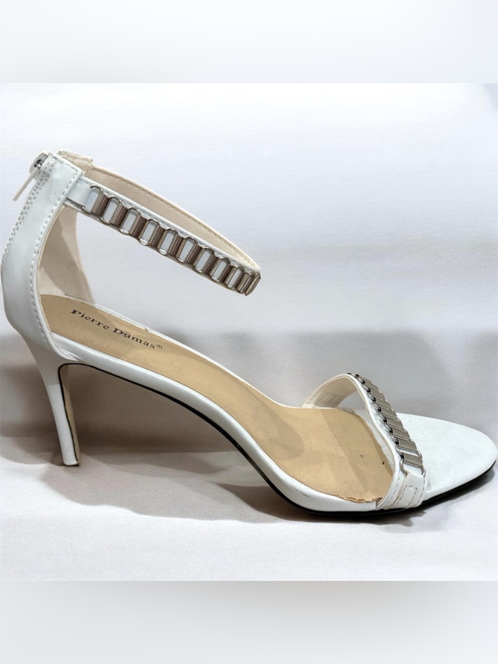 Pierre Dumas Event-4 White Chain Link Ankle Strap Stiletto Heels Sandals Size 9M